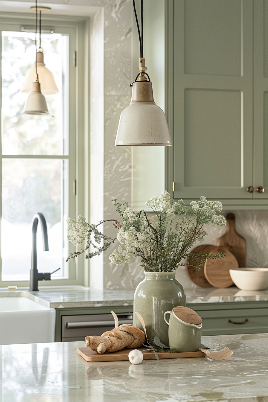 ALT: A stylish kitchen with hanging lights, marble countertop, green cabinetry, and a vase with white flowers next to fresh bread and garlic.