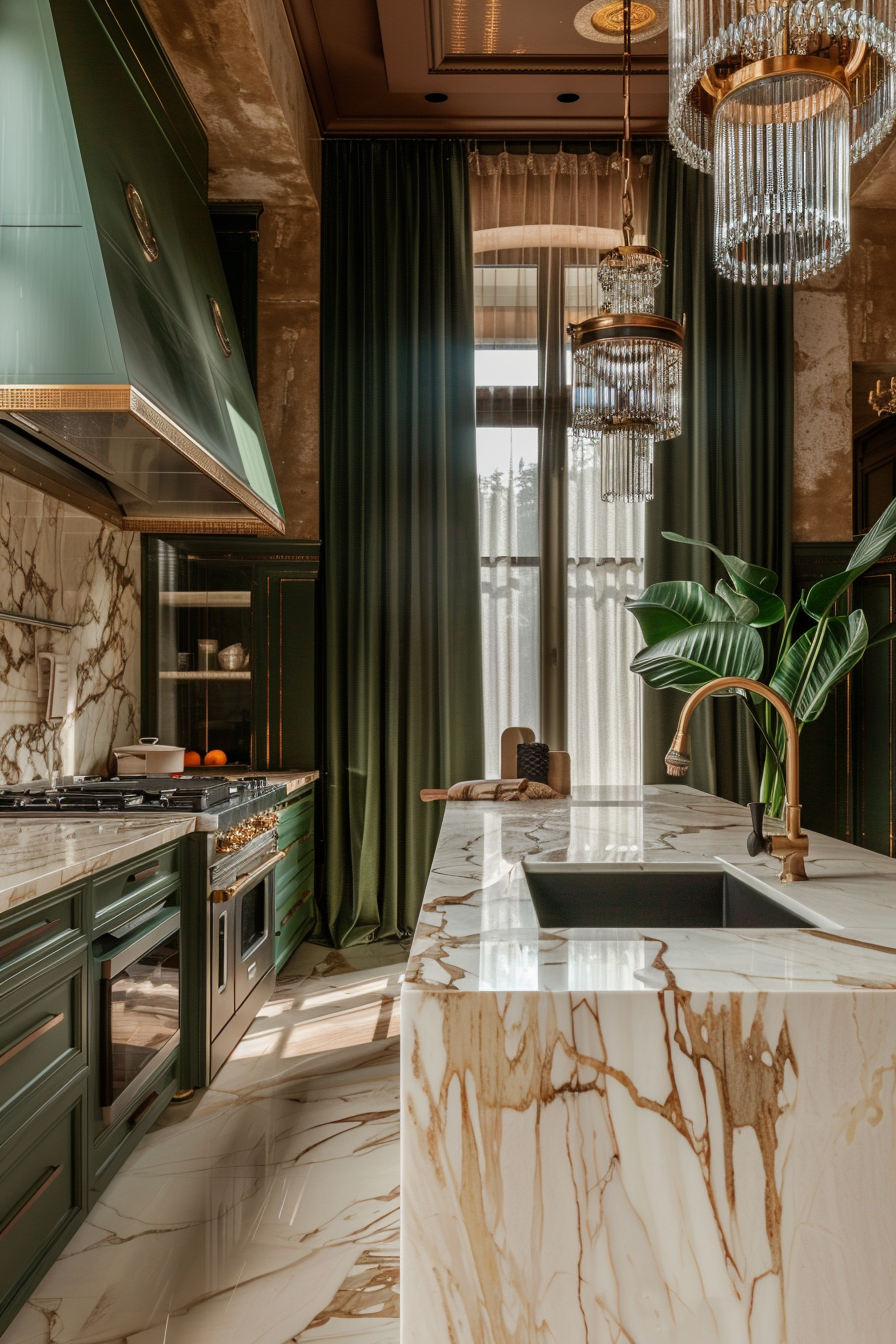 Luxurious kitchen interior with green cabinetry, marble countertops, and crystal chandeliers, accented by natural light through sheer curtains.