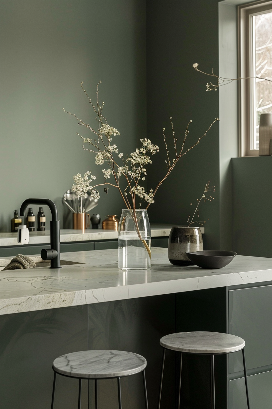 Modern kitchen interior with green walls, marble countertops, a clear vase with dried flowers, and stylish black stools.