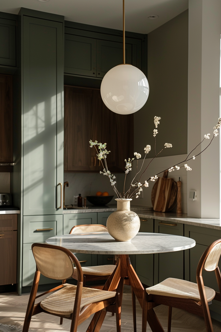 A modern kitchen with green cabinets, a marble table, wooden chairs, and a pendant light, accented by a vase with delicate flowers.