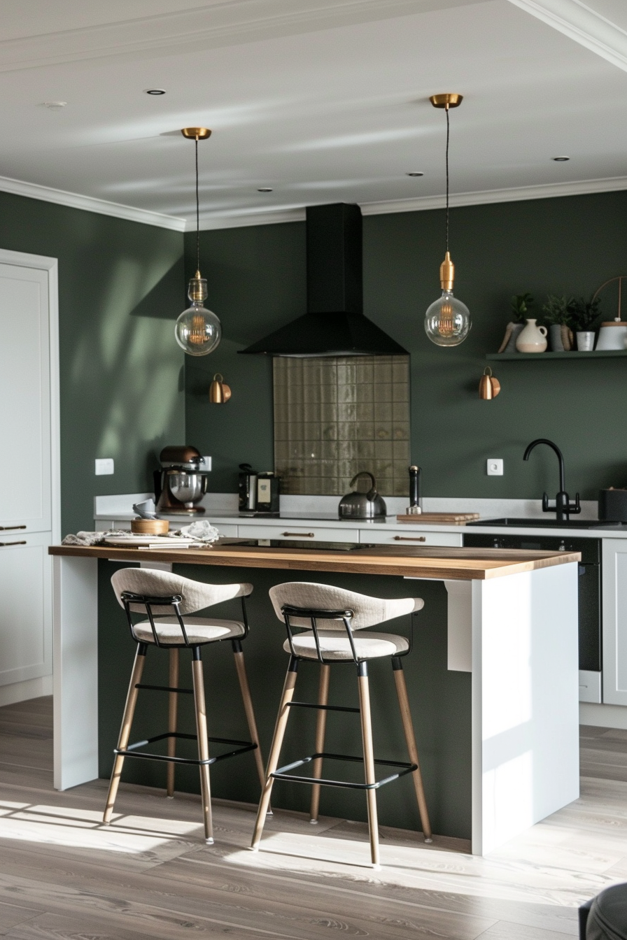 Modern kitchen interior with a wooden countertop island, bar stools, and hanging Edison bulb lights with a dark green wall backdrop.