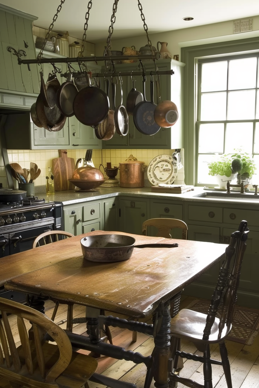 Country-style kitchen with a wooden table, hanging pots and pans, sage green cabinetry, and a window with a garden view.