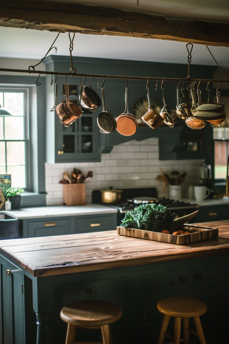 A cozy kitchen interior with hanging pots and pans, wooden countertops, and green cabinetry under warm lighting.