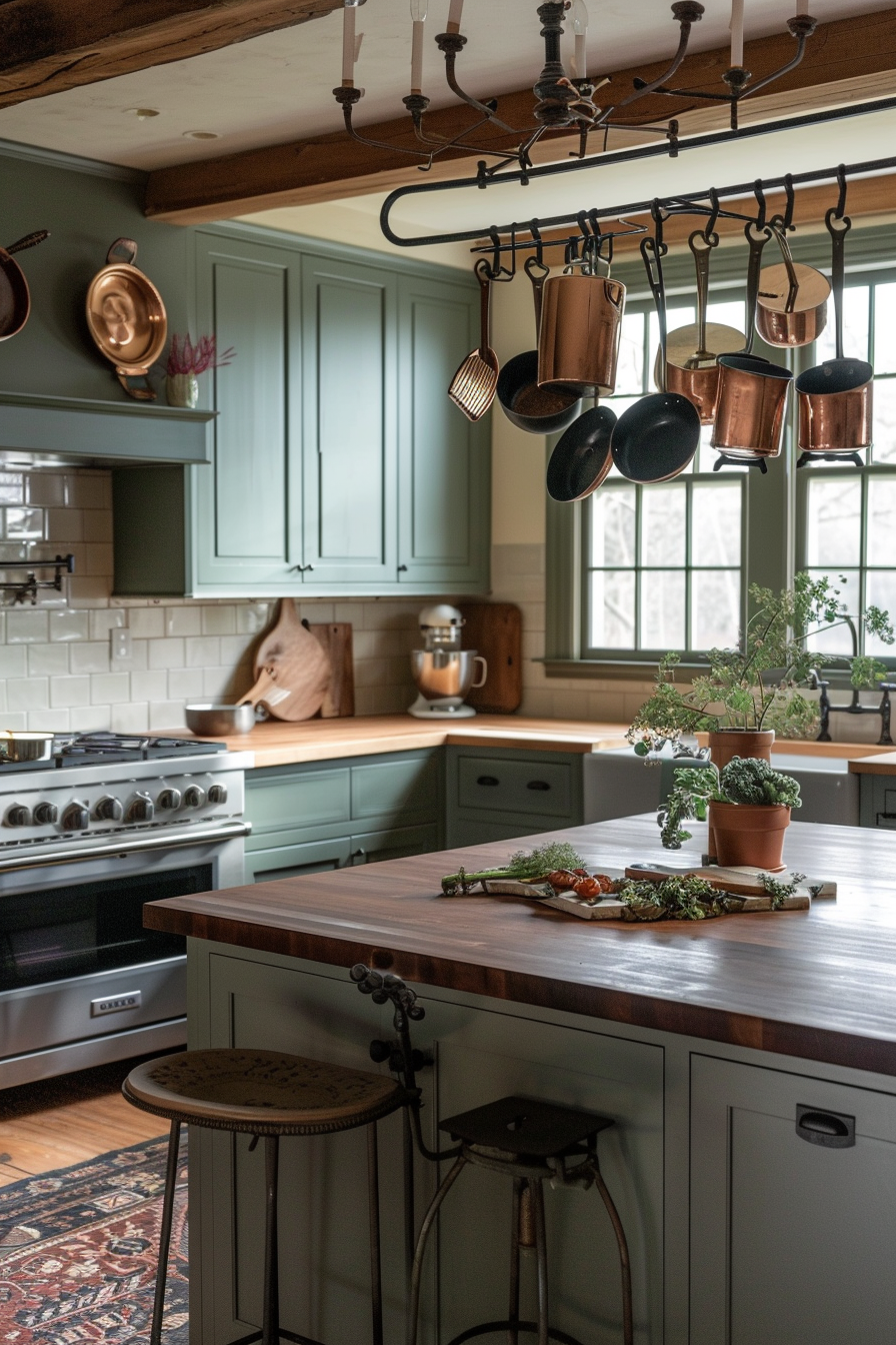 ALT: A traditional kitchen with sage green cabinets, hanging copper cookware, wooden countertops, and a rustic stool on a patterned rug.
