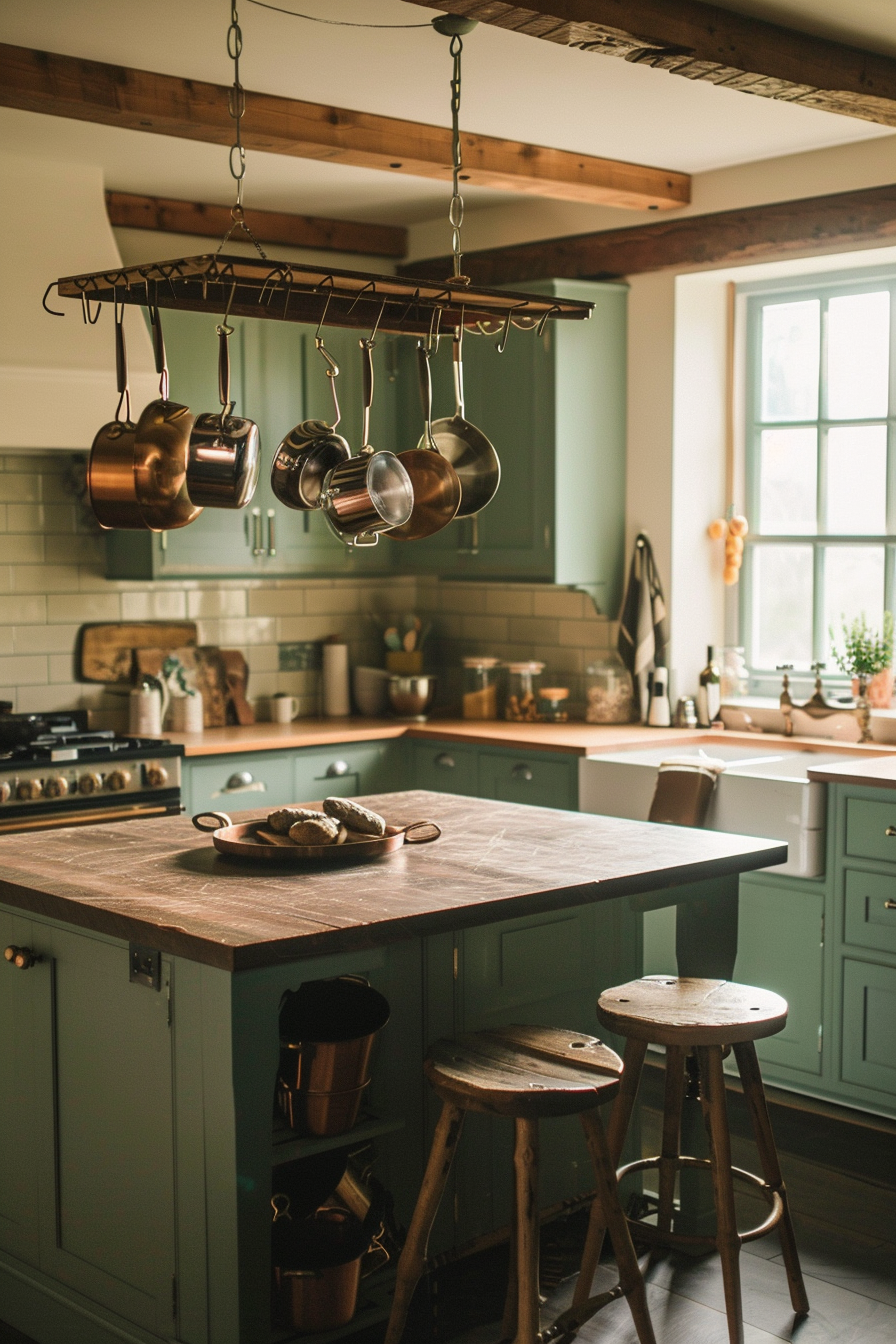 ALT: A cozy kitchen interior with a hanging pot rack above an island, surrounded by wooden stools and green cabinetry, with a warm, rustic ambiance.