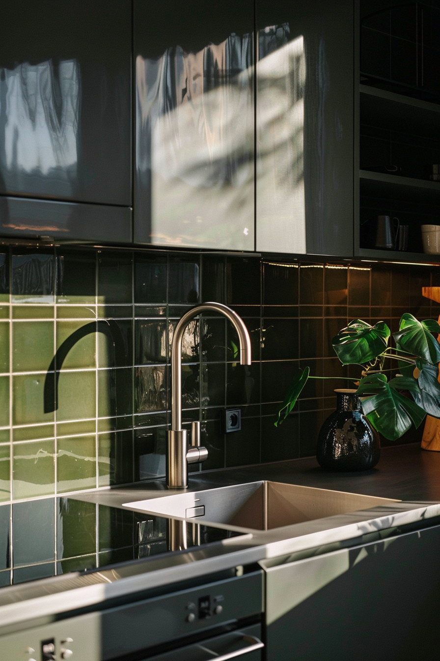 Modern kitchen with green tiles, stainless steel sink, and a vase with green leaves on the counter, sunlight casting shadows on cabinets.