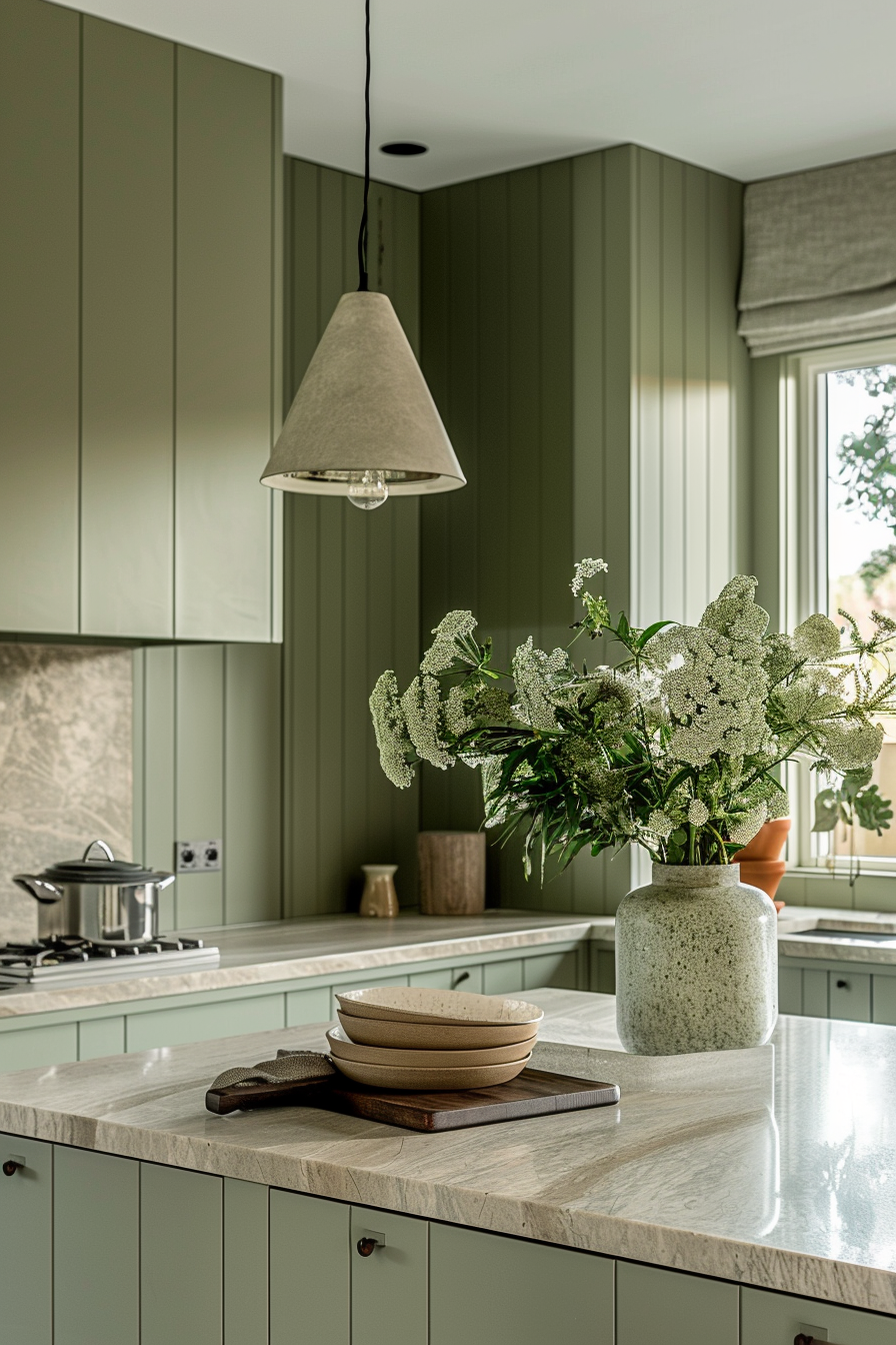 A modern kitchen with olive green cabinets, a marble countertop with bowls on a cutting board, a large vase with white flowers, and a pendant light.