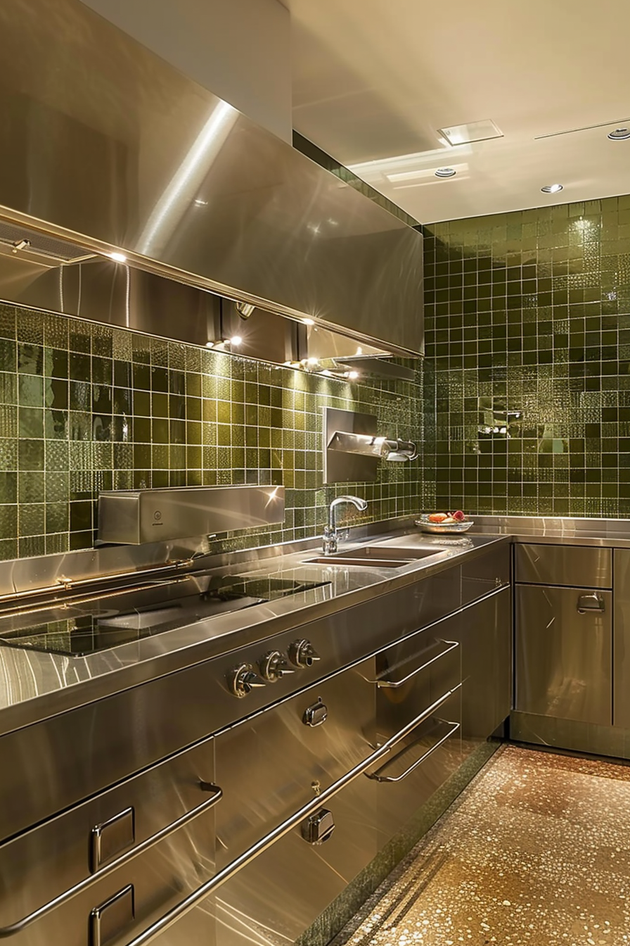 Modern kitchen interior with stainless steel appliances, green tile backsplash, and under-cabinet lighting.