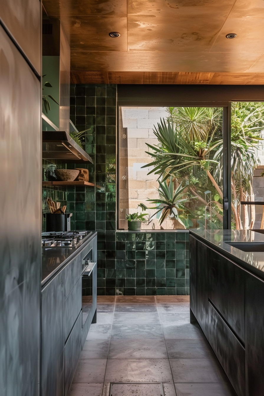 Modern kitchen with dark green tiled walls, wooden ceiling, and a view of a lush garden through a glass door.