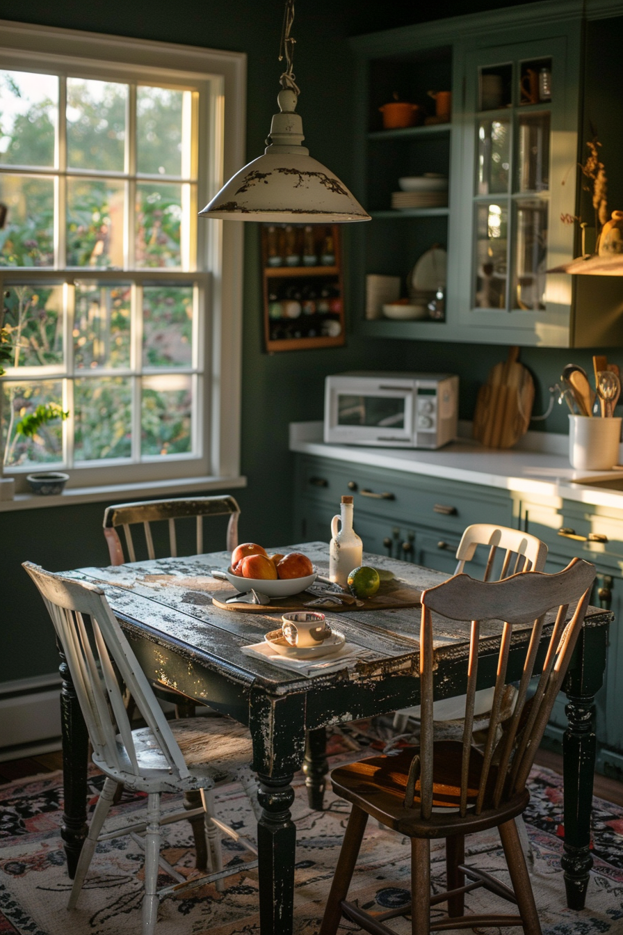 Cozy vintage kitchen with sunlight streaming through the window onto a rustic table set with bread and fruit.