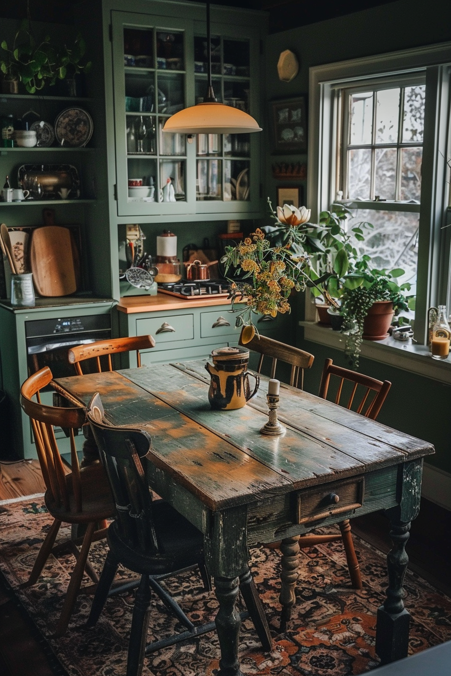 A cozy vintage kitchen with a wooden table and chairs, green cabinets, and a warm pendant light, surrounded by lush houseplants.