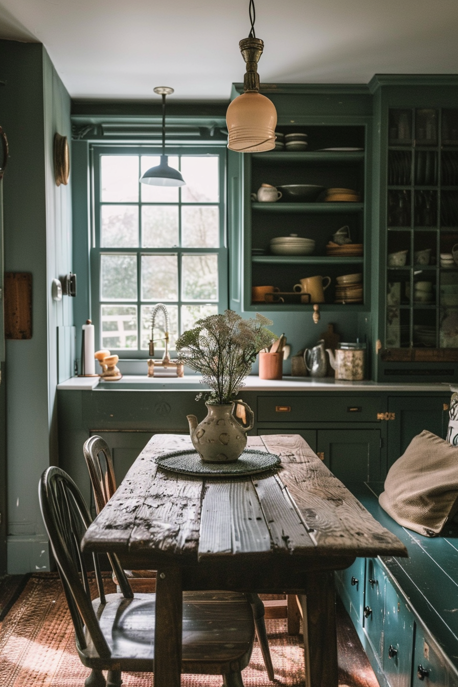 Cozy kitchen interior with teal cabinetry, rustic wooden table, and a pendant light, highlighted by natural light from a window.