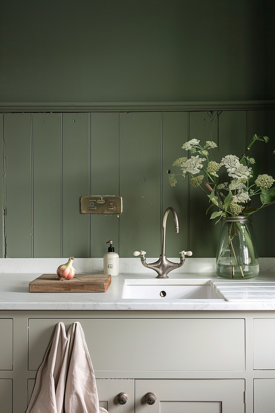 A serene kitchen corner with a vintage feel, featuring green walls, a white sink, brass faucet, wooden chopping board with an onion, and a vase with flowers.