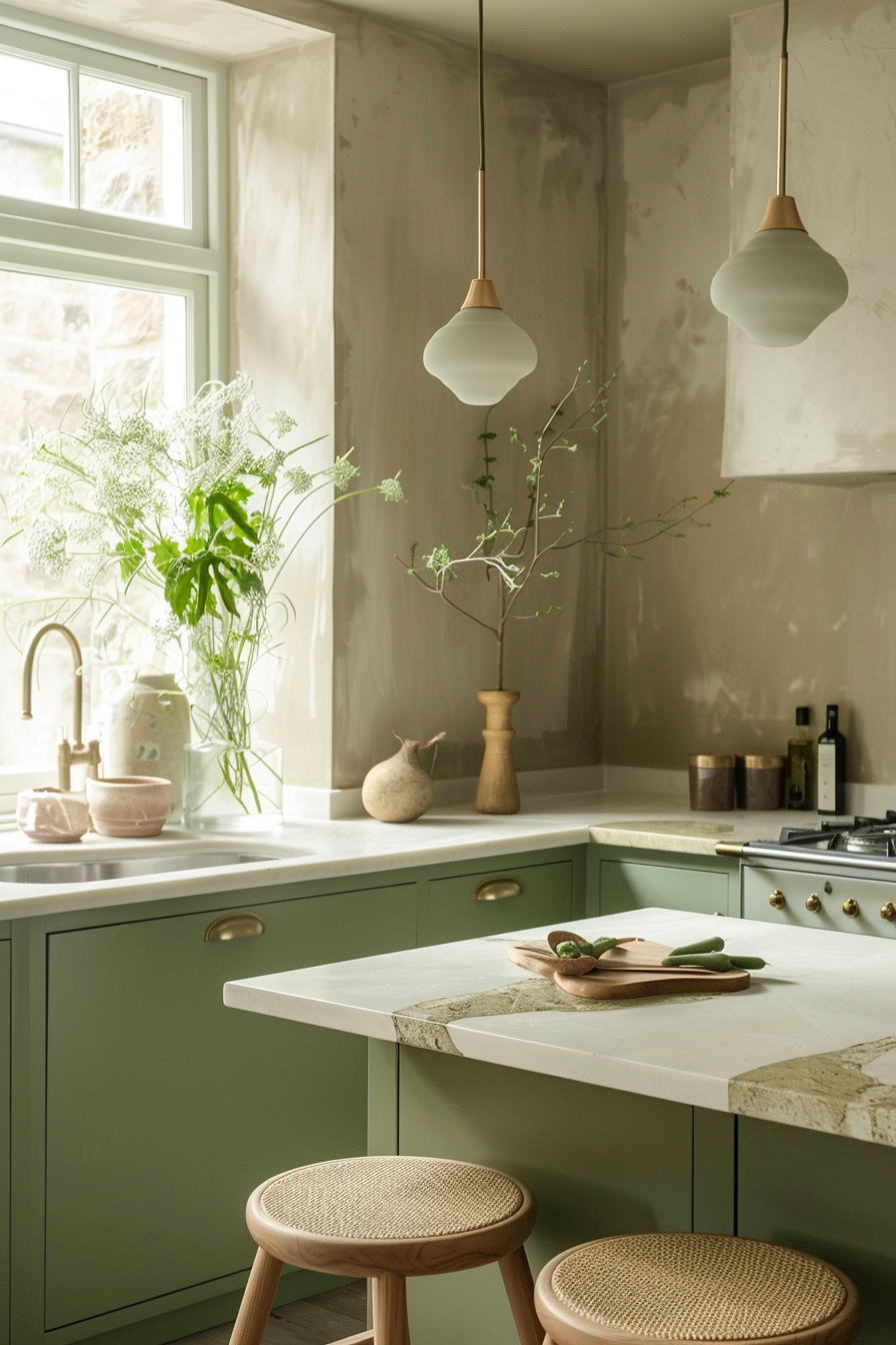 Modern kitchen interior with sage green cabinets, white countertops, pendant lights, and fresh plants.