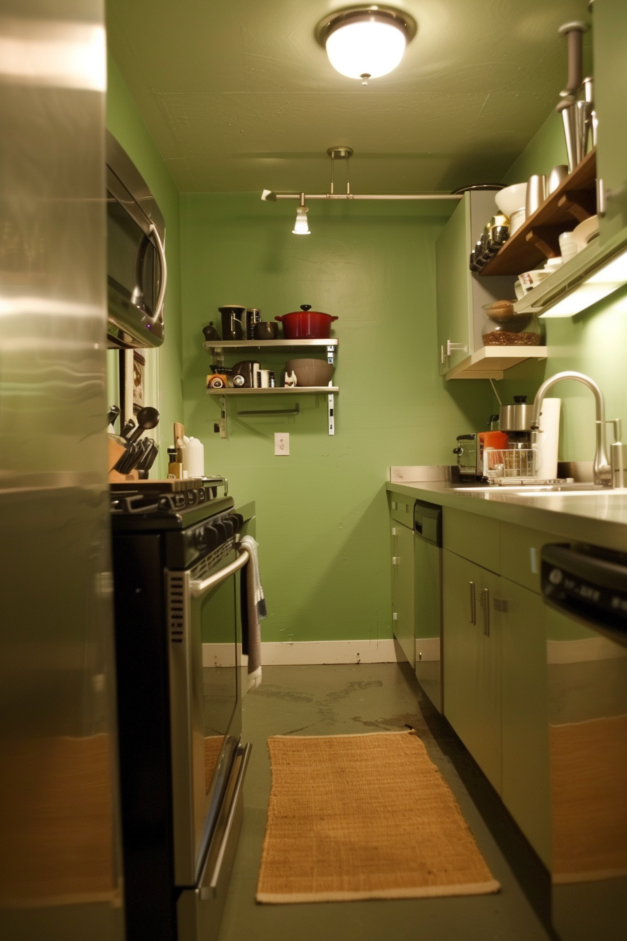 A cozy, narrow kitchen with green walls, stainless steel appliances, wooden shelves, and a small rug on the floor.