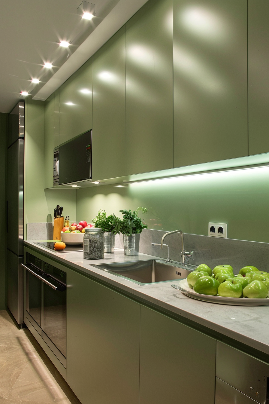 A modern kitchen with green cabinets, stainless steel appliances, and fruits and herbs on the countertop under bright ceiling lights.