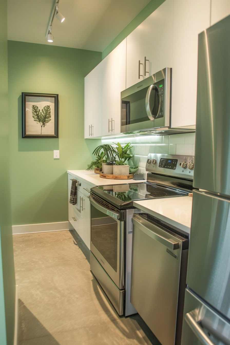 Modern kitchen interior with stainless steel appliances, white cabinets, and green walls, adorned with leafy decor.
