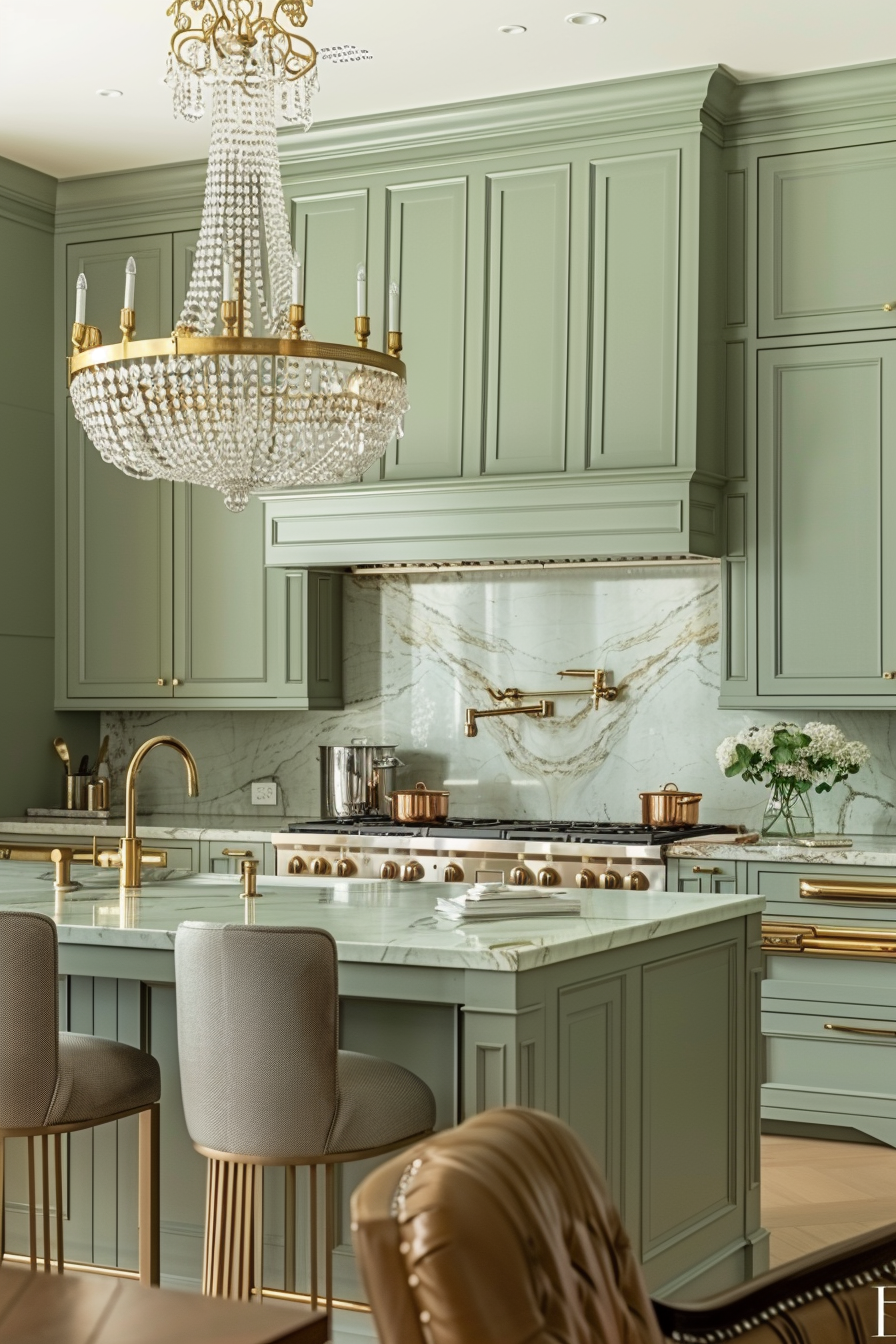 Elegant kitchen with sage green cabinetry, marble countertops, brass fixtures, and a crystal chandelier.