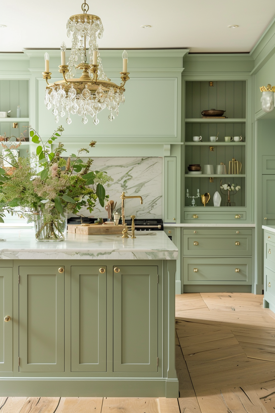 Elegant kitchen interior with mint green cabinetry, marble countertops, brass fixtures, and a crystal chandelier.