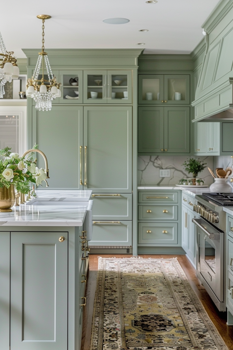 Elegant kitchen interior with mint green cabinetry, white marble countertops, brass hardware, and a classic rug on the floor.
