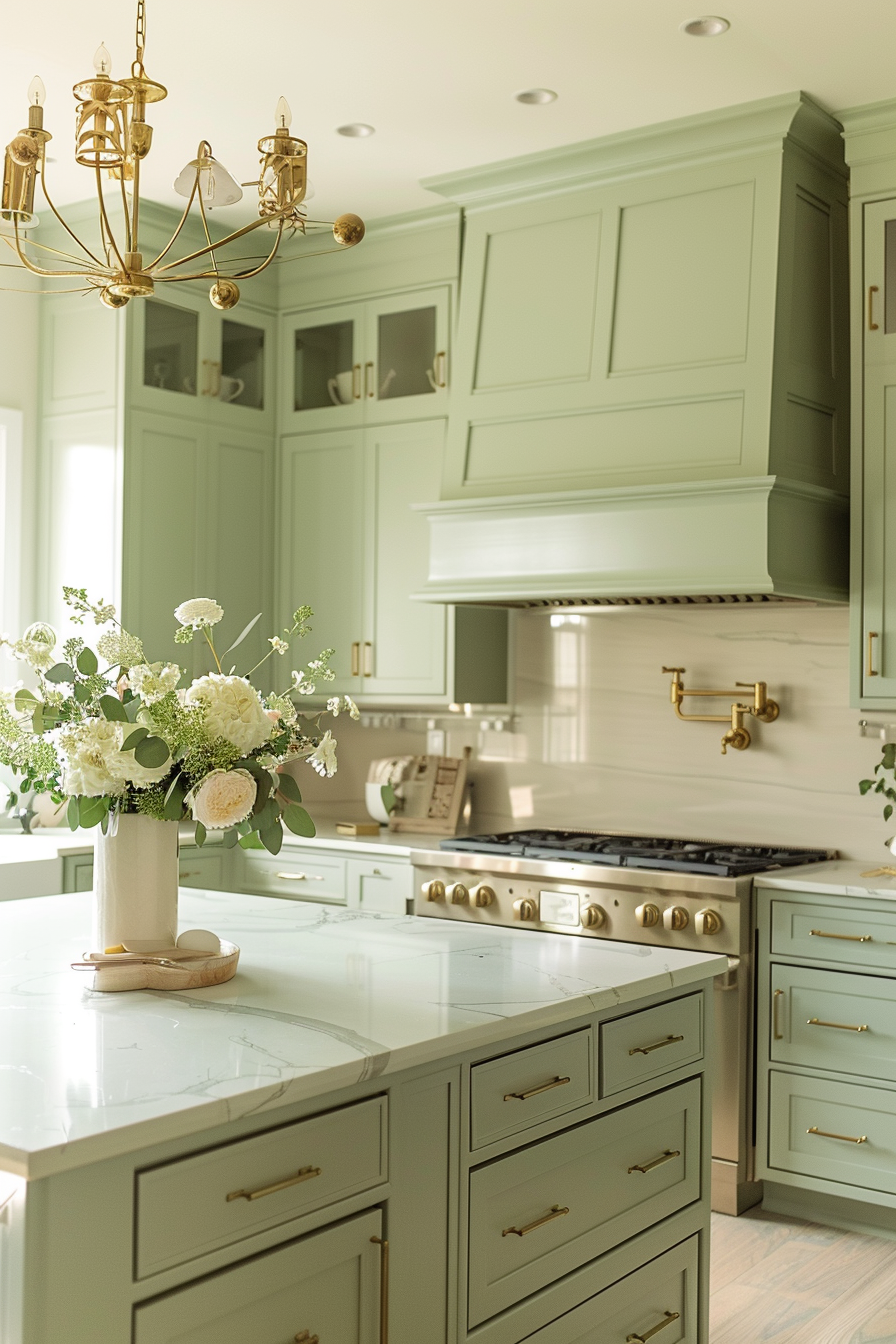 Elegant kitchen interior with sage green cabinetry, marble countertops, gold hardware, and a chandelier above an island with a floral arrangement.