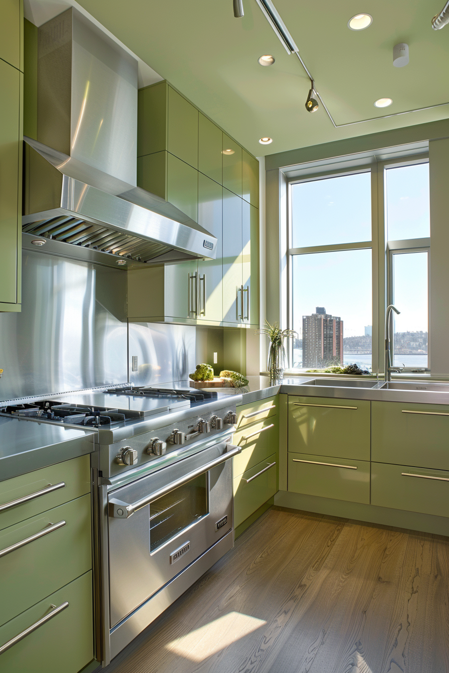 A modern kitchen with olive green cabinets, stainless steel appliances, and large windows letting in sunlight.