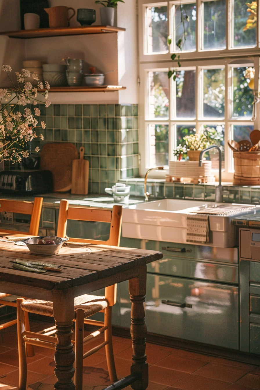 Cozy kitchen interior with sunlight streaming through windows, highlighting a wooden table, chairs, and green tile backsplash.