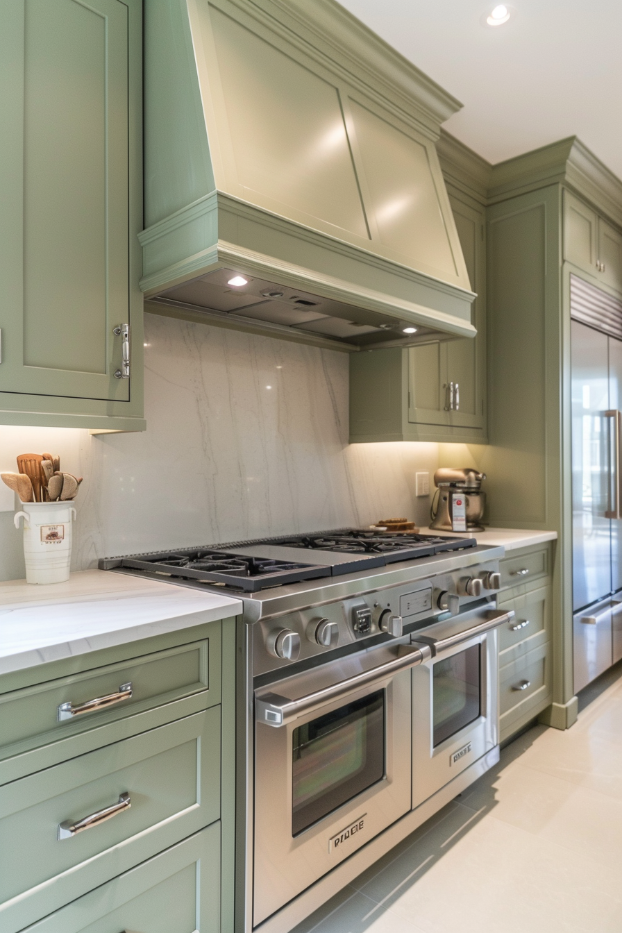 Modern kitchen with green cabinets, a stainless-steel range, and marble backsplash.