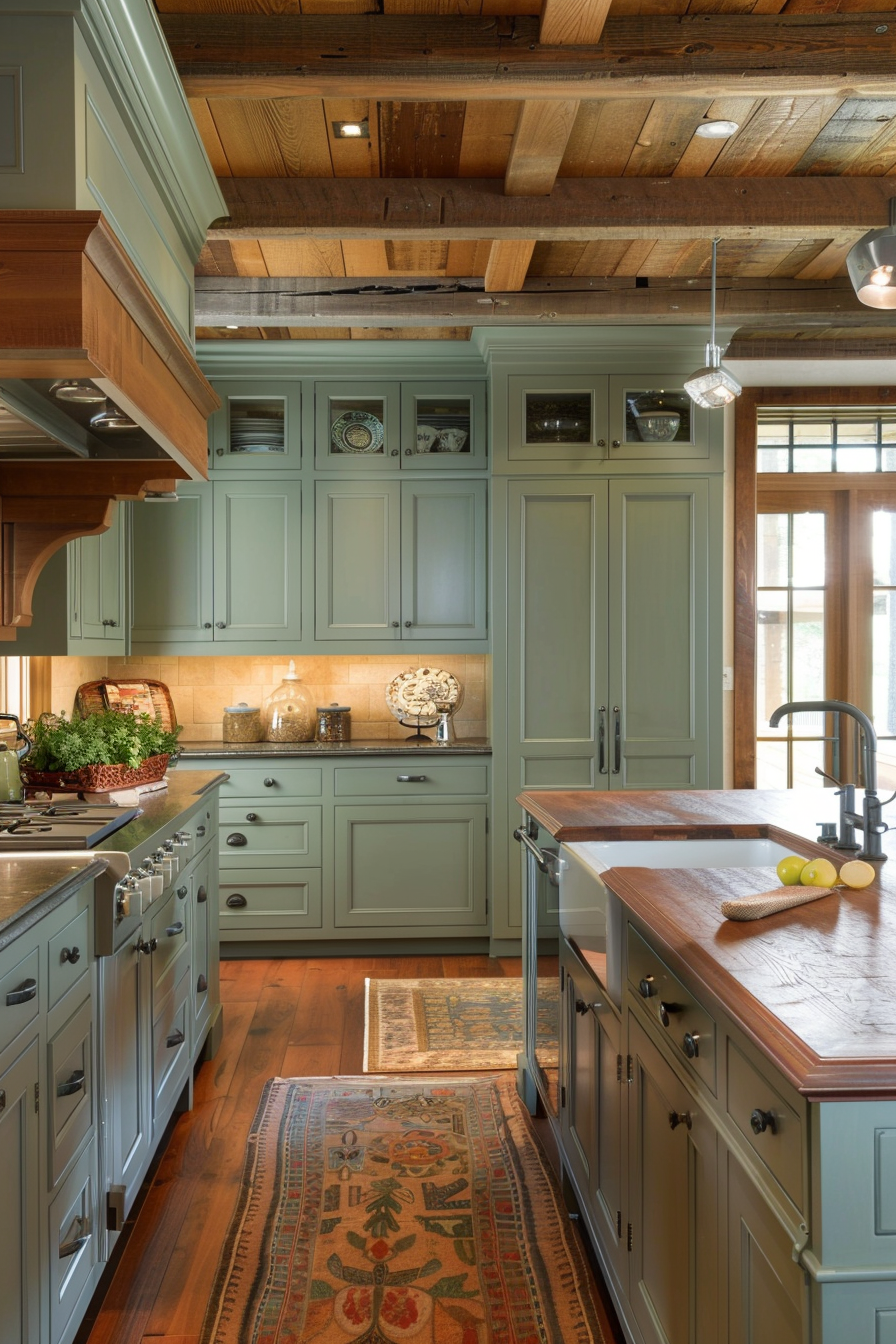 A cozy kitchen with blue cabinets, wooden countertops, ornate rugs, and exposed ceiling beams, highlighted by natural light.