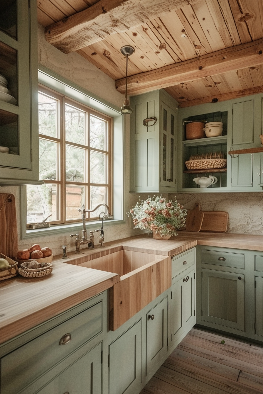 Cozy rustic kitchen interior with sage green cabinets, wooden countertops, exposed ceiling beams, and a window overlooking trees.