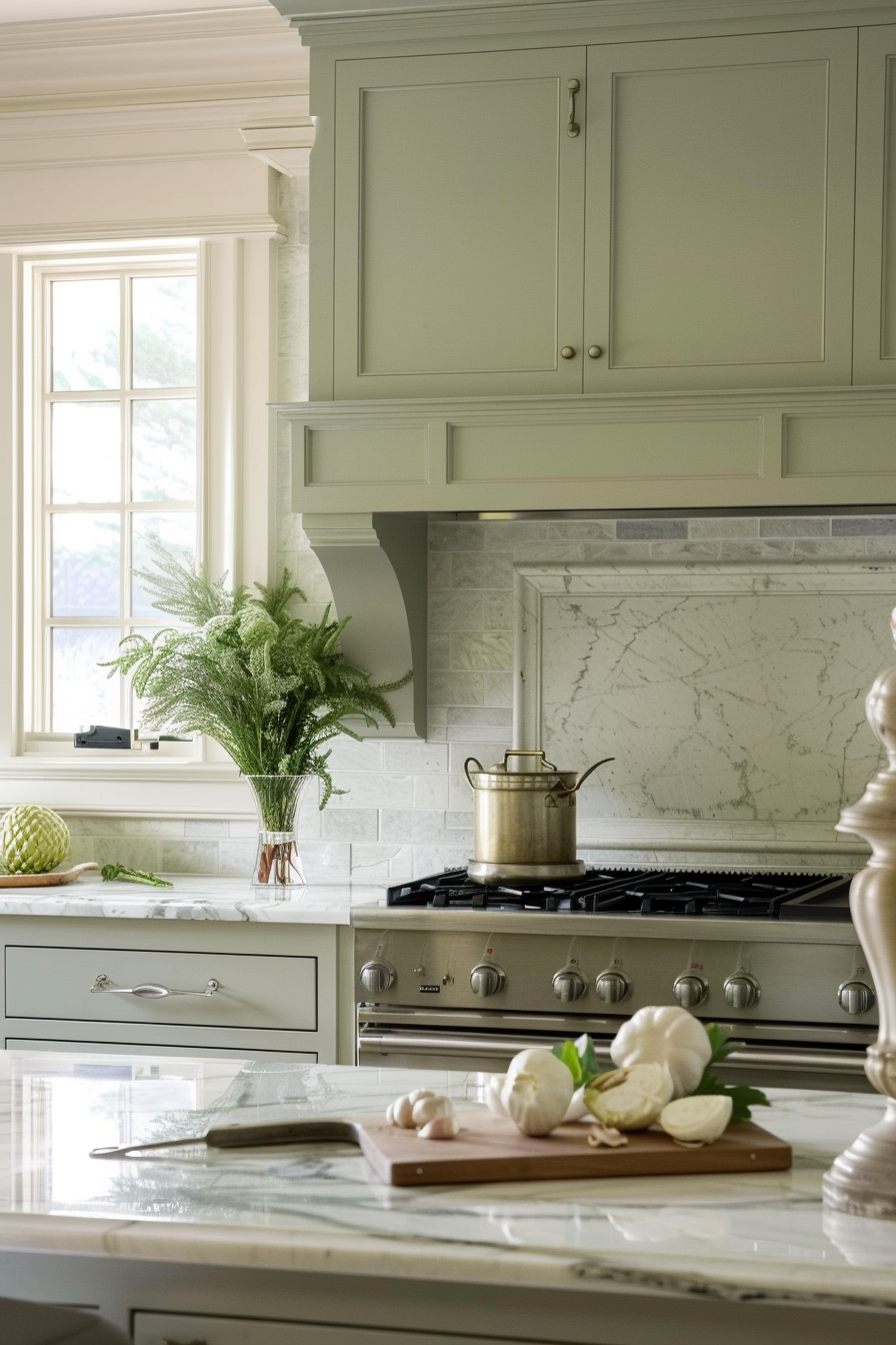 Elegant kitchen interior with marble countertops, greenery in a vase, vintage brass kettle on stove, and garlic on a cutting board.