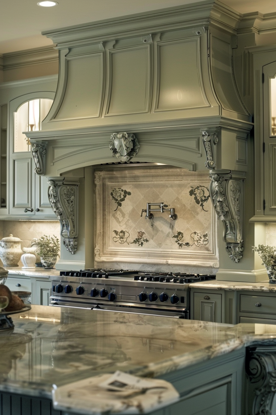 Elegant kitchen with ornate grey cabinetry and a decorative tile backsplash above the stove, viewed over a marble countertop.