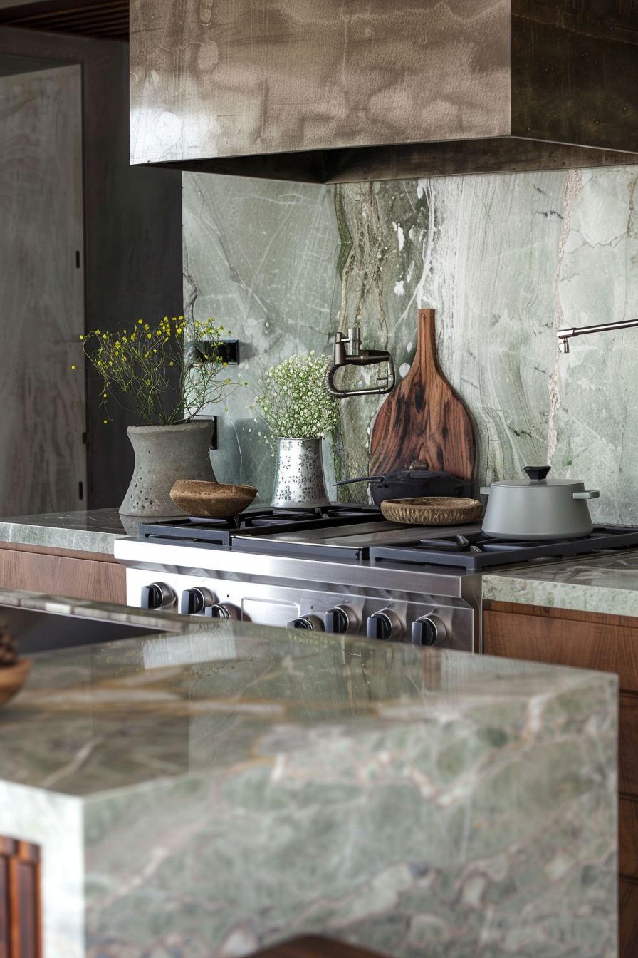 Modern kitchen with green marble backsplash and countertops, stainless steel stove, and wooden cutting board with decorative vases.