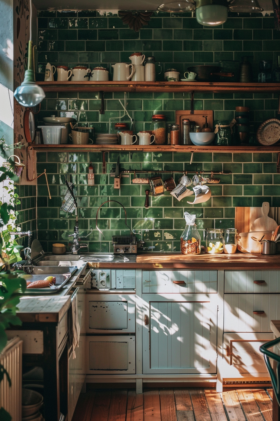Cozy kitchen interior with green subway tile backsplash, wooden shelves filled with crockery, and sunlight casting warm glow.