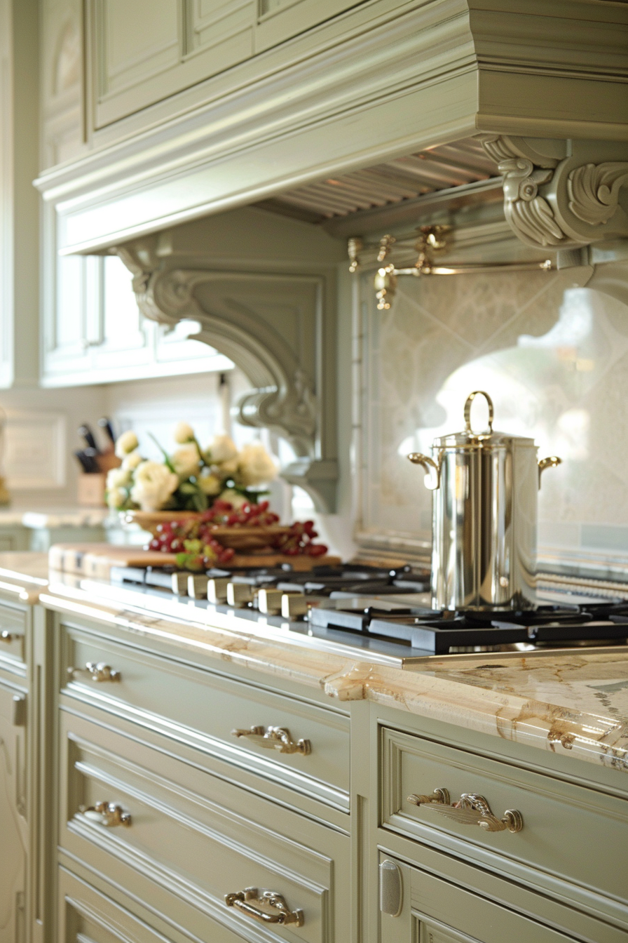 Elegant kitchen corner with ornate range hood, marble countertop, and stainless steel coffee pot atop a gas stove.