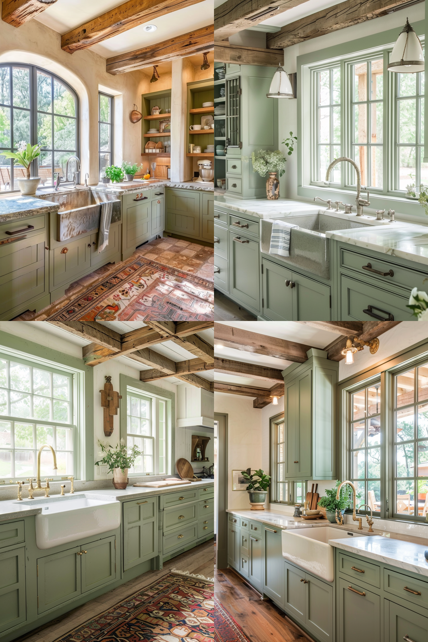 Four images of a cozy kitchen with green cabinetry, wood beams, large windows, and terracotta tiles, showcasing rustic elegance.