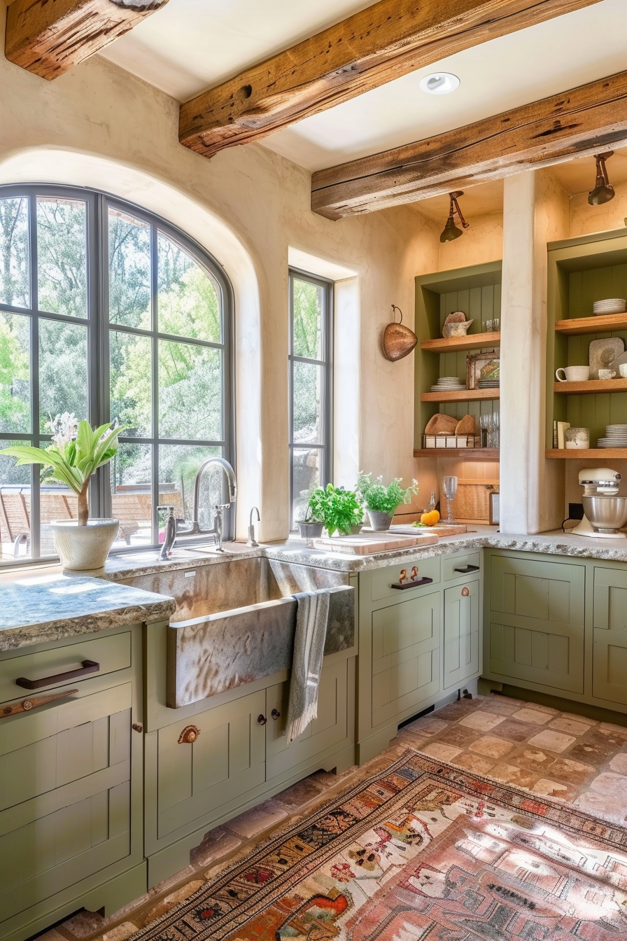 Rustic kitchen interior with green cabinets, marble countertops, and exposed wooden beams, brightly lit by large arched windows.