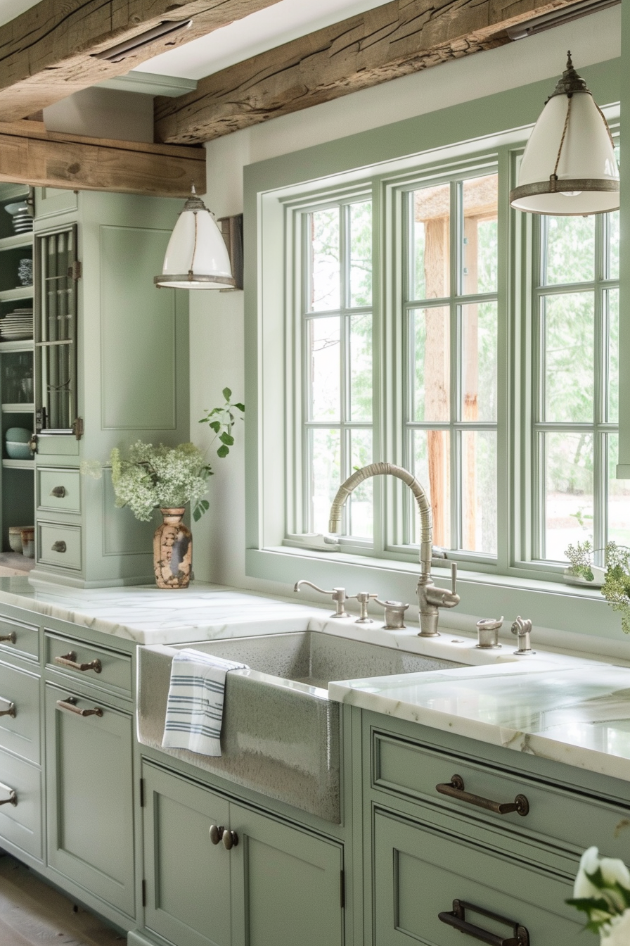 ALT: A cozy kitchen interior with pastel green cabinets, white countertops, a farmhouse sink, and pendant lights near large windows.