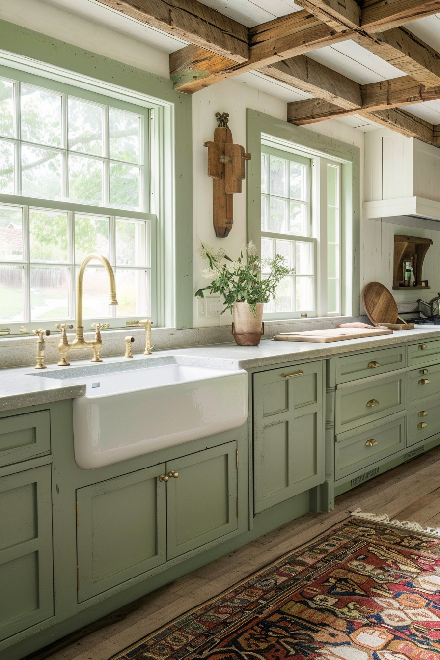A rustic-style kitchen with green cabinetry, a farmhouse sink, brass fixtures, exposed beams, and a patterned rug.