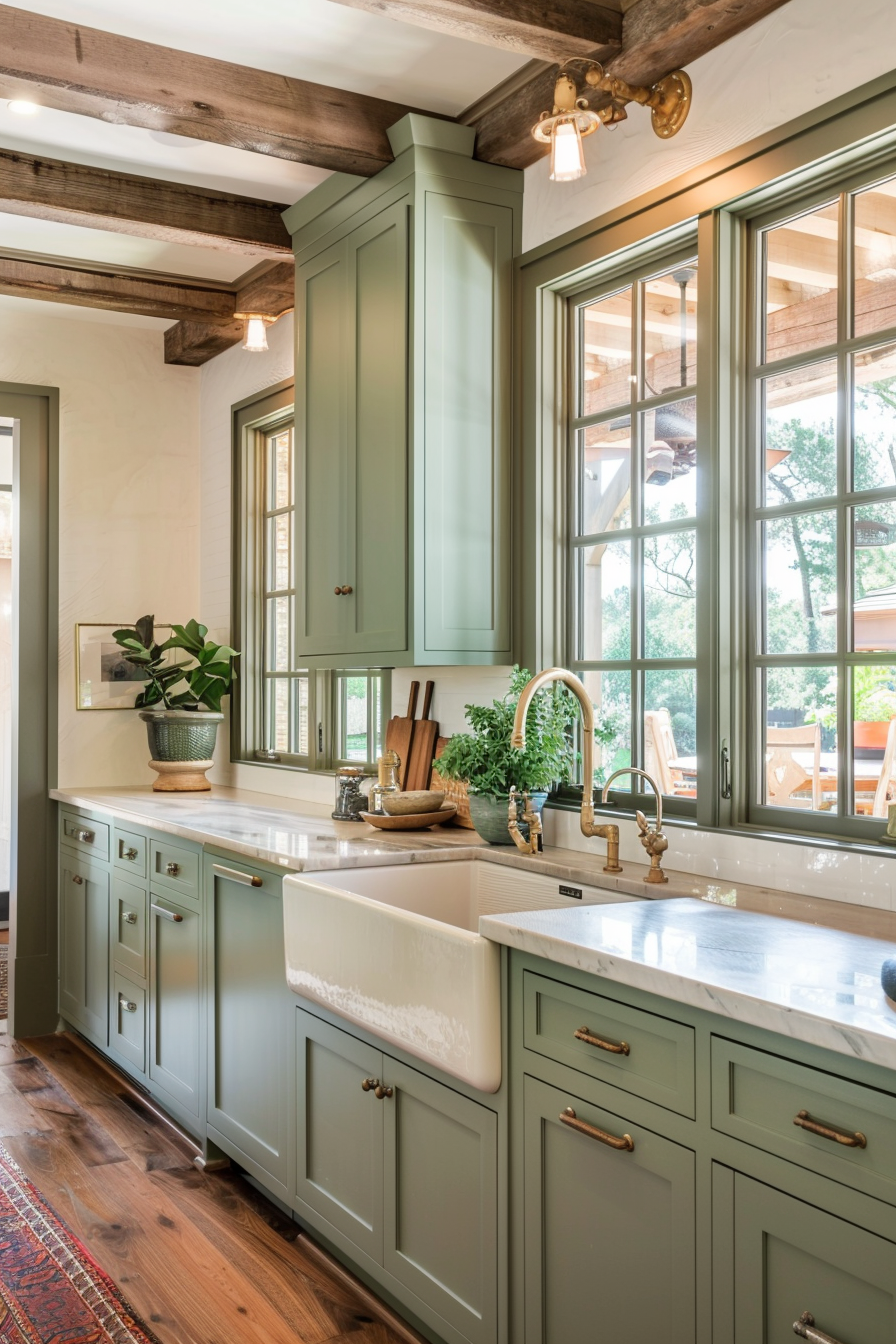 ALT: A cozy kitchen interior with sage green cabinetry, white farmhouse sink, wooden beams on the ceiling, and a window view to the outdoors.