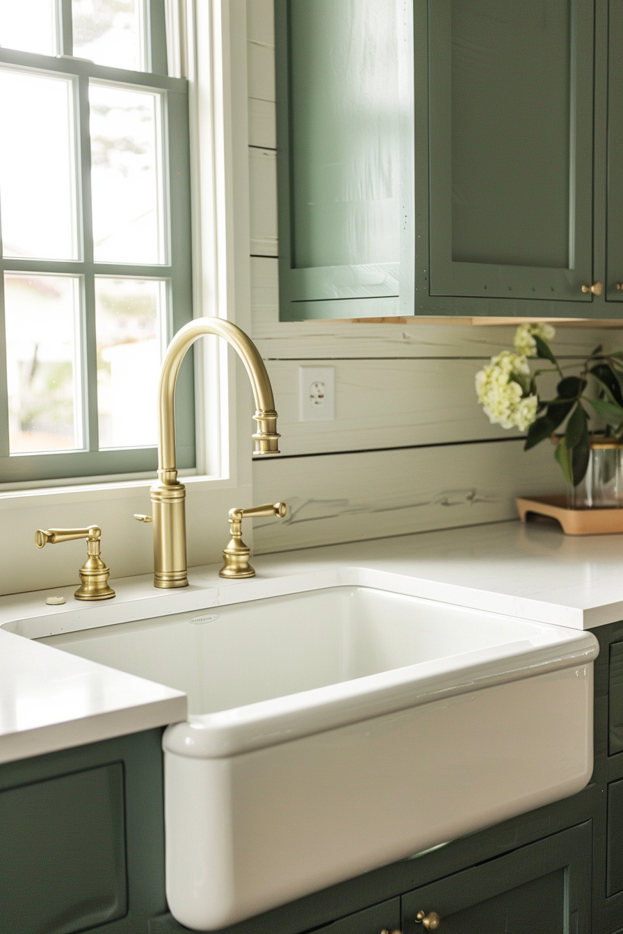 A modern kitchen with a white farmhouse sink, brass faucet, and green cabinets, by a window with natural light.