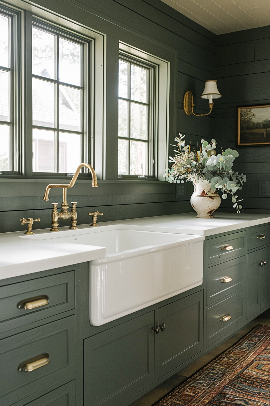 Elegant bathroom with dark green walls, white farmhouse sink, brass fixtures, and a decorative vase on the countertop.