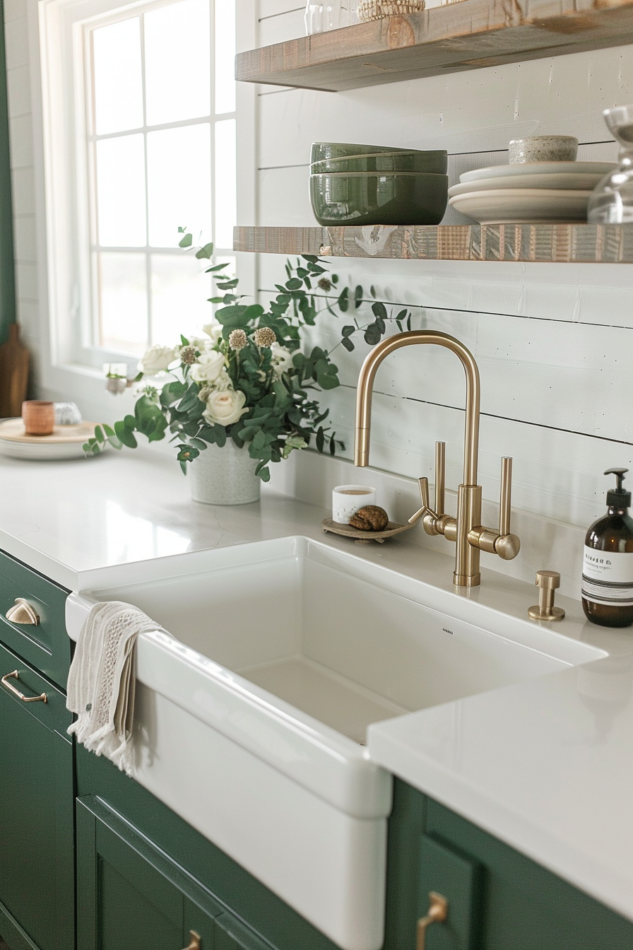 A modern kitchen setting with green cabinets, white farmhouse sink, brass faucet, and open shelving with dishes and plants.