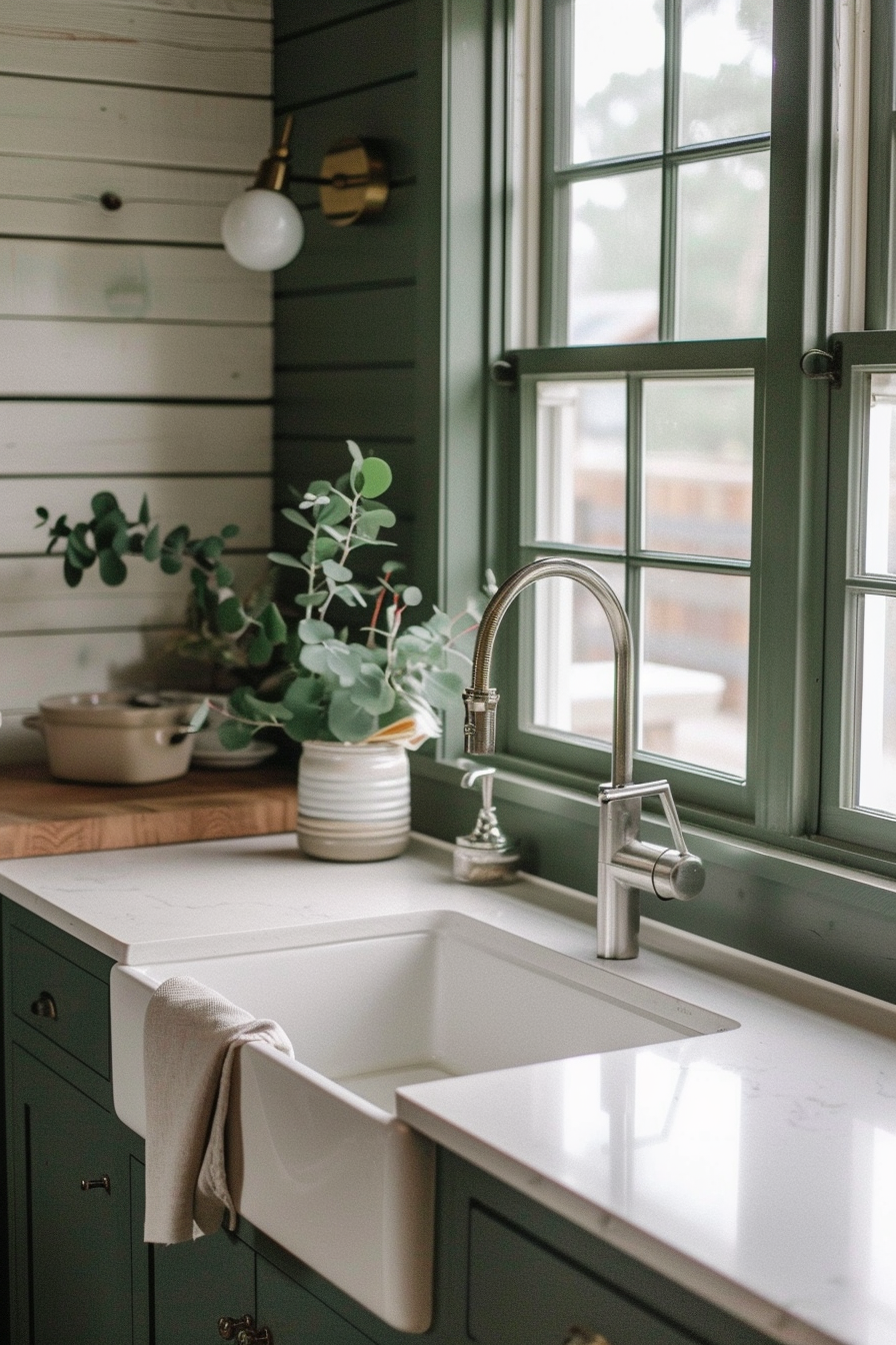 A cozy kitchen corner with a white farmhouse sink, dark green cabinets, a window with plants, and a brass sconce.