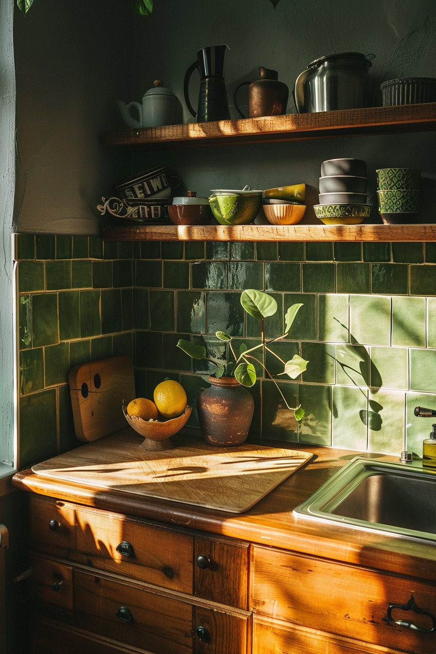 Kitchen corner with sunlight casting shadows, wooden shelves with ceramics, green tiles, a plant, and a bowl of lemons on a wooden counter.
