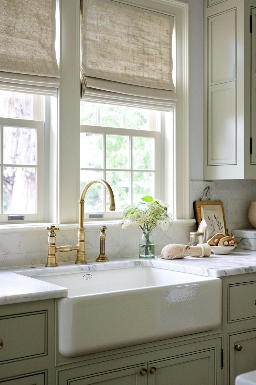 Elegant kitchen interior with white farmhouse sink, brass faucet, marble countertop, and a vase with white flowers by a window.