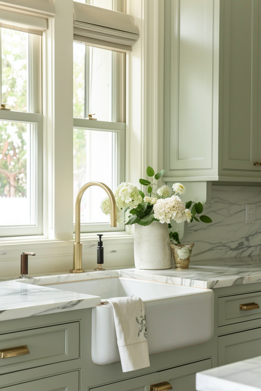 Elegant kitchen with a farmhouse sink, gold faucet, marble countertops, and a vase of white flowers.