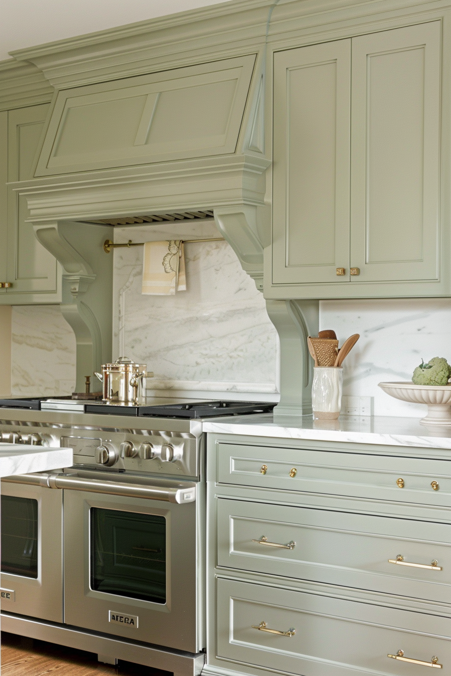 A stylish kitchen with light green cabinets, a white marble backsplash, and stainless steel appliances.