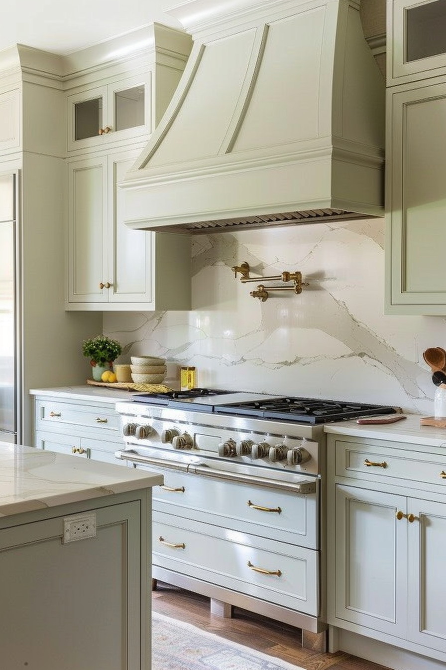 Elegant kitchen interior with green and white cabinets, gold handles, a marble backsplash, and a stainless steel range cooker.