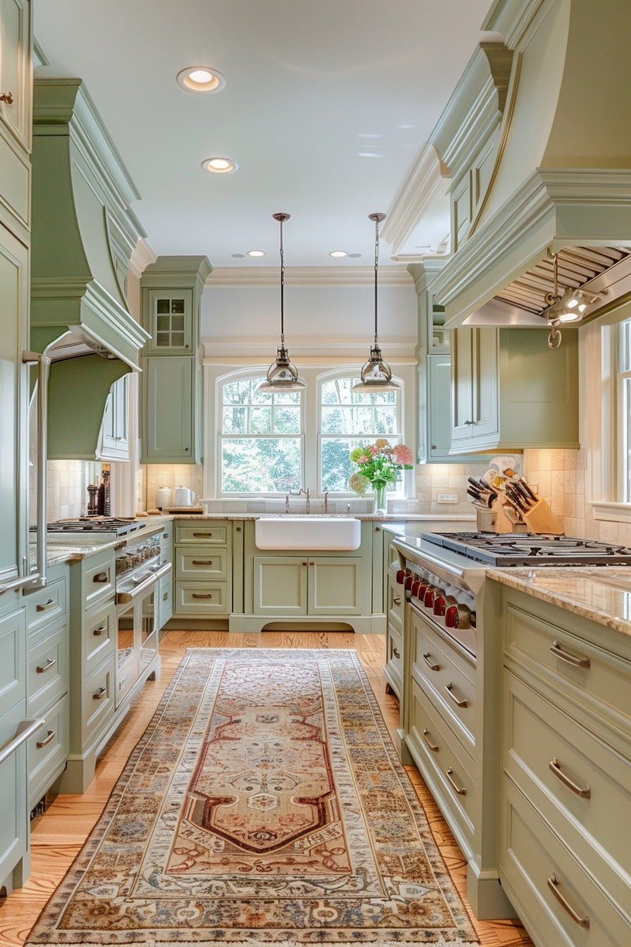Elegant kitchen interior with green cabinetry, granite countertops, a traditional rug, and hanging pendant lights.